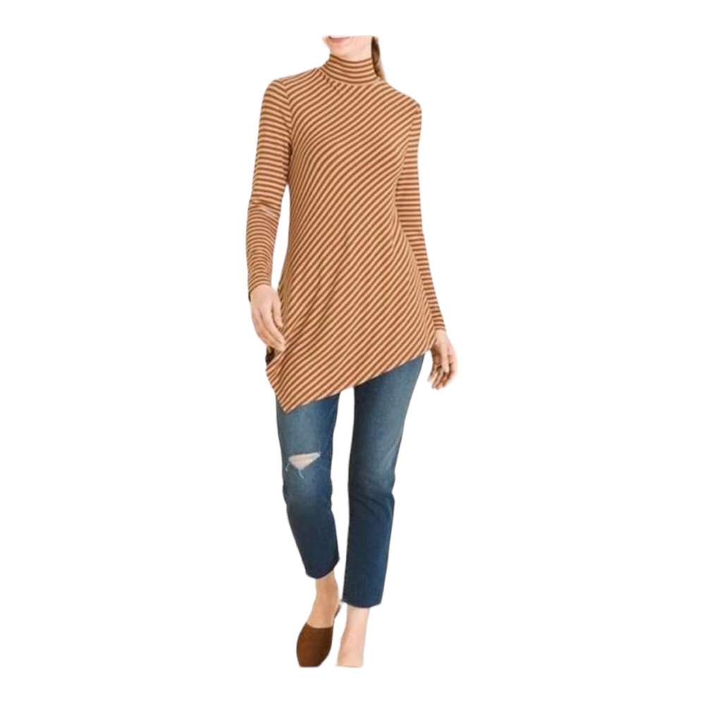 NWT Chico's Mock-Neck Stripe Bronzed Clay  Asymmetrical-Hem Top-Size 0 Small